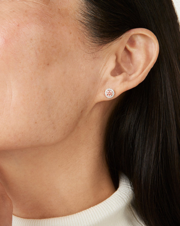 Model image of pink 1 carat total weight round brilliant halo studs