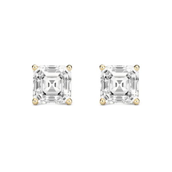 Front view of 4 carat total weight Asscher cut solitaire studs in yellow gold
