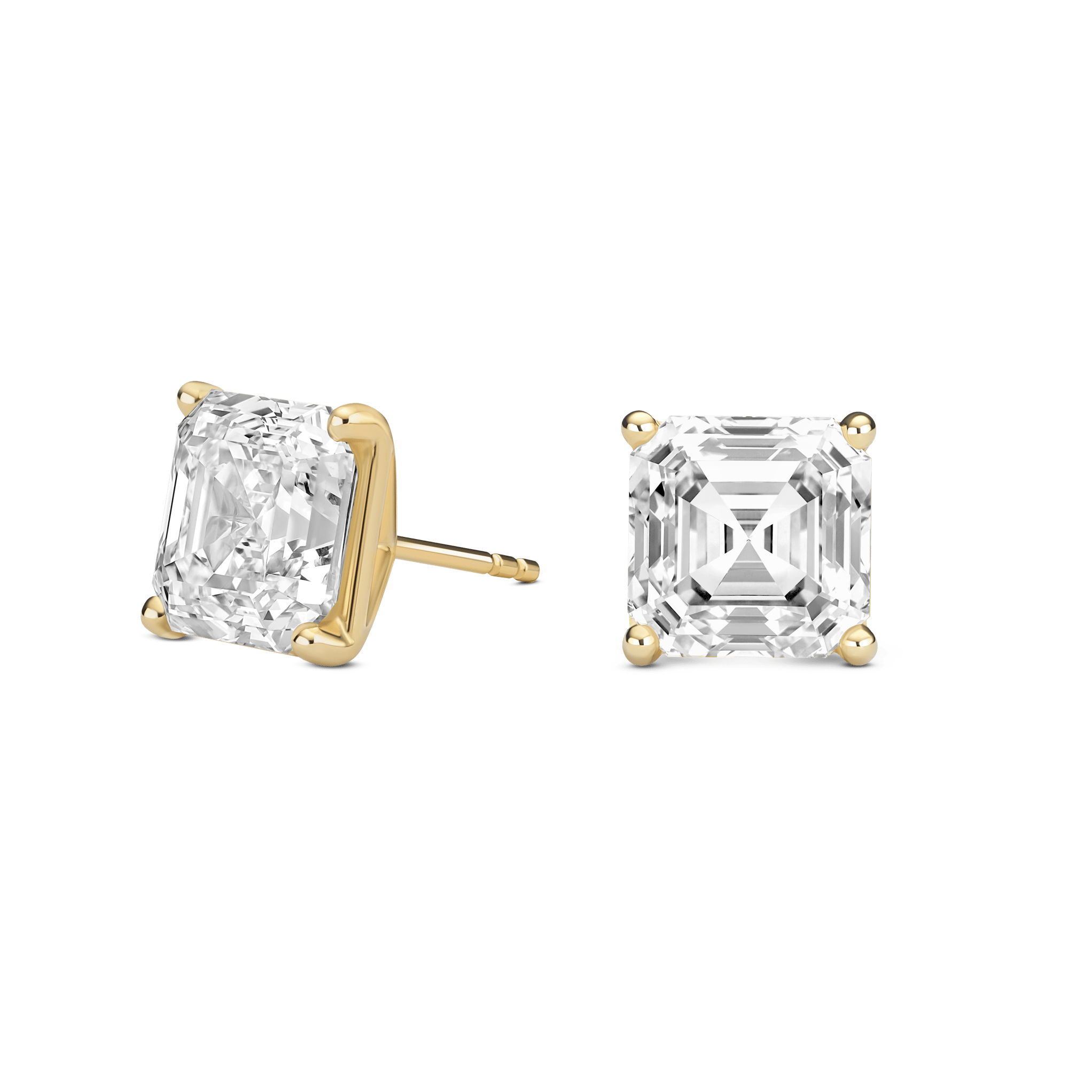 Side view of 4 carat total weight Asscher cut solitaire studs in yellow gold