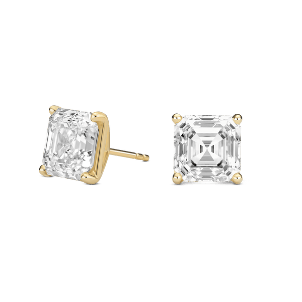 Side view of 4 carat total weight Asscher cut solitaire studs in yellow gold