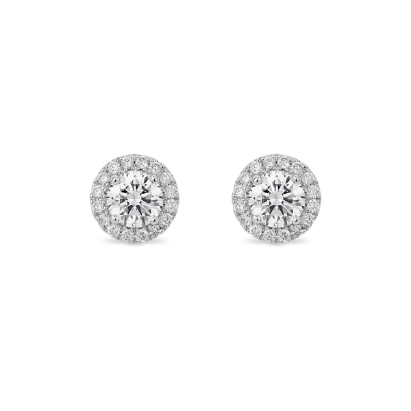 Front view of 1 carat total weight round brilliant halo studs