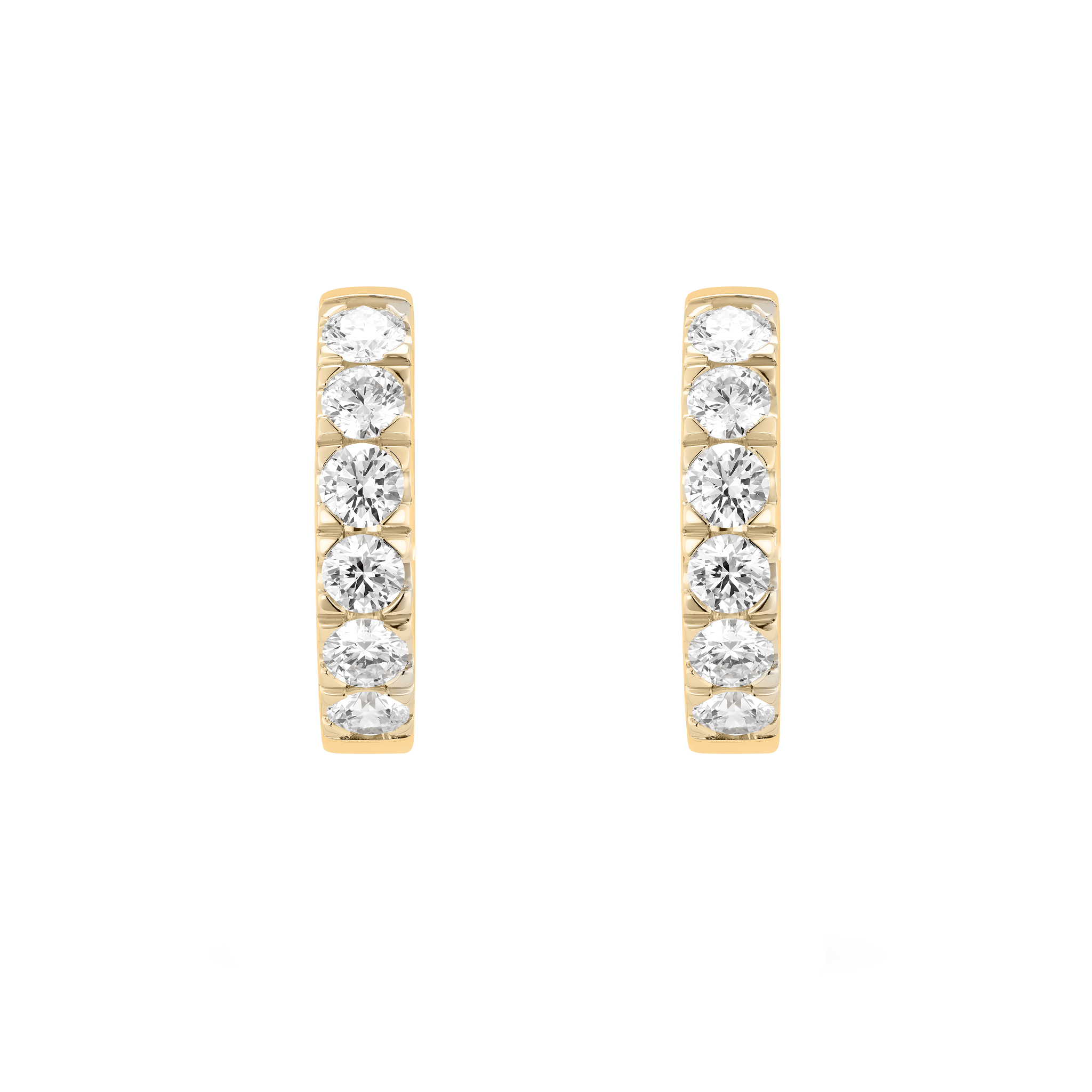 Front view of yellow gold 1.2 carat total weight huggie hoops
