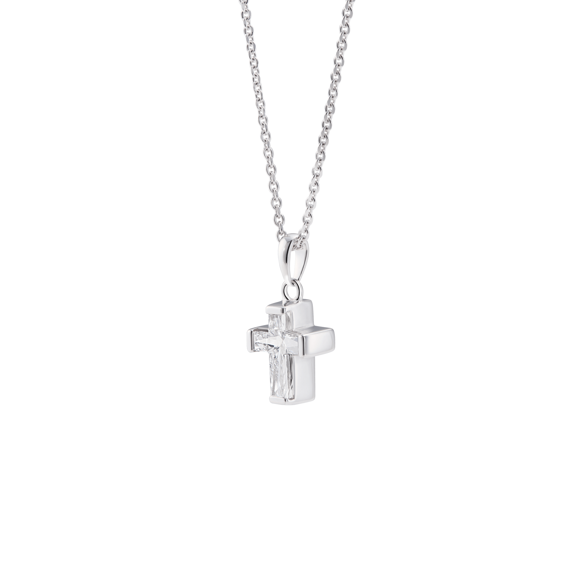 Side view of the cross cut pendant in white gold