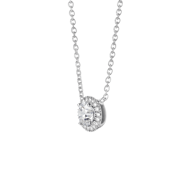 Side view of 1 carat total weight round brilliant halo pendant