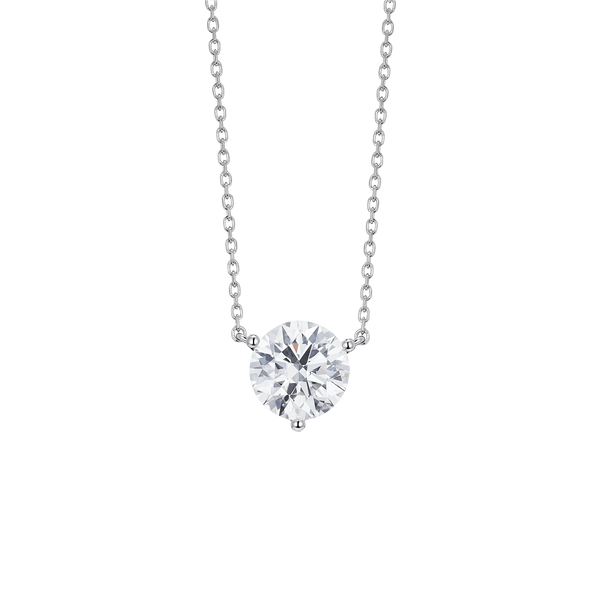 Front view of white gold, lab-grown 2 carat round brilliant pendant