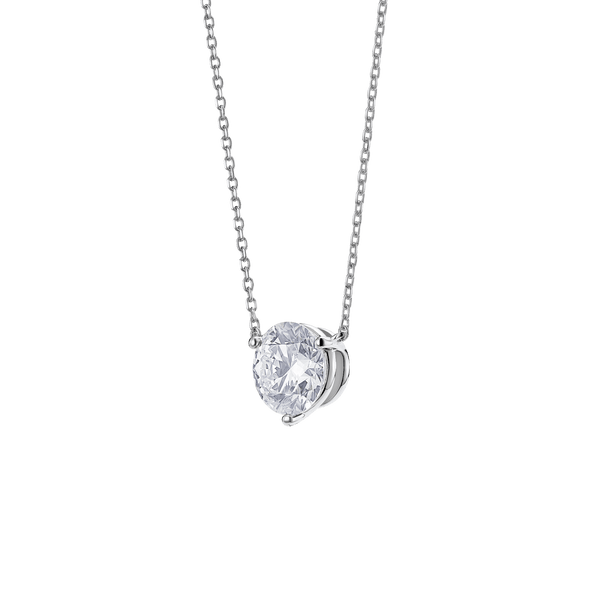 Side view of white gold, lab-grown 2 carat round brilliant pendant