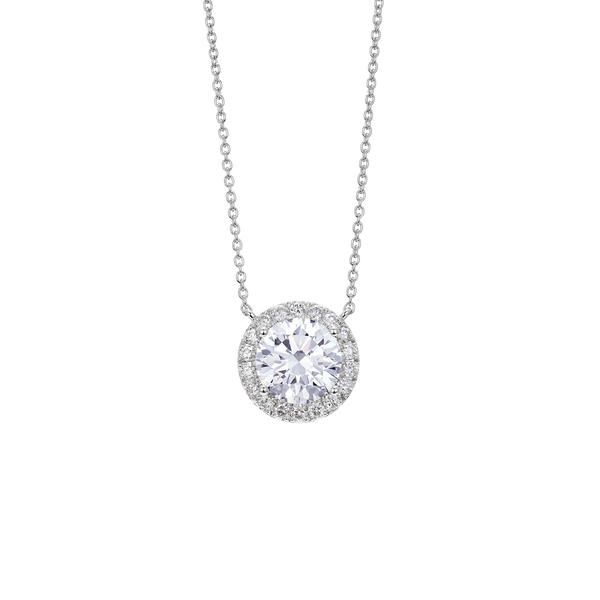 Front view of 2 carat total weight round brilliant halo pendant