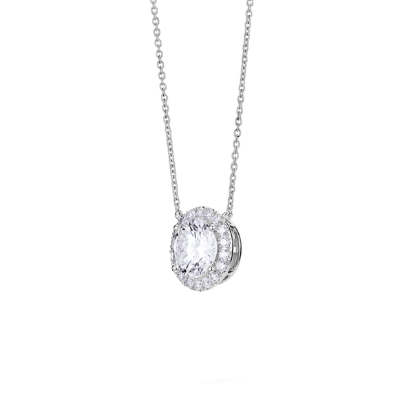 Side view of 2 carat total weight round brilliant halo pendant