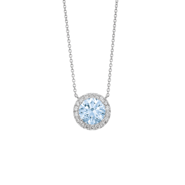 Front view of blue 2 carat total weight round brilliant halo pendant