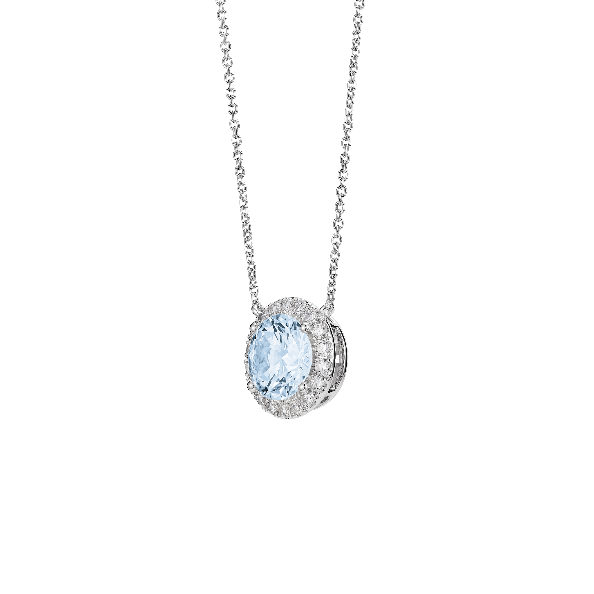 Side view of blue 2 carat total weight round brilliant halo pendant