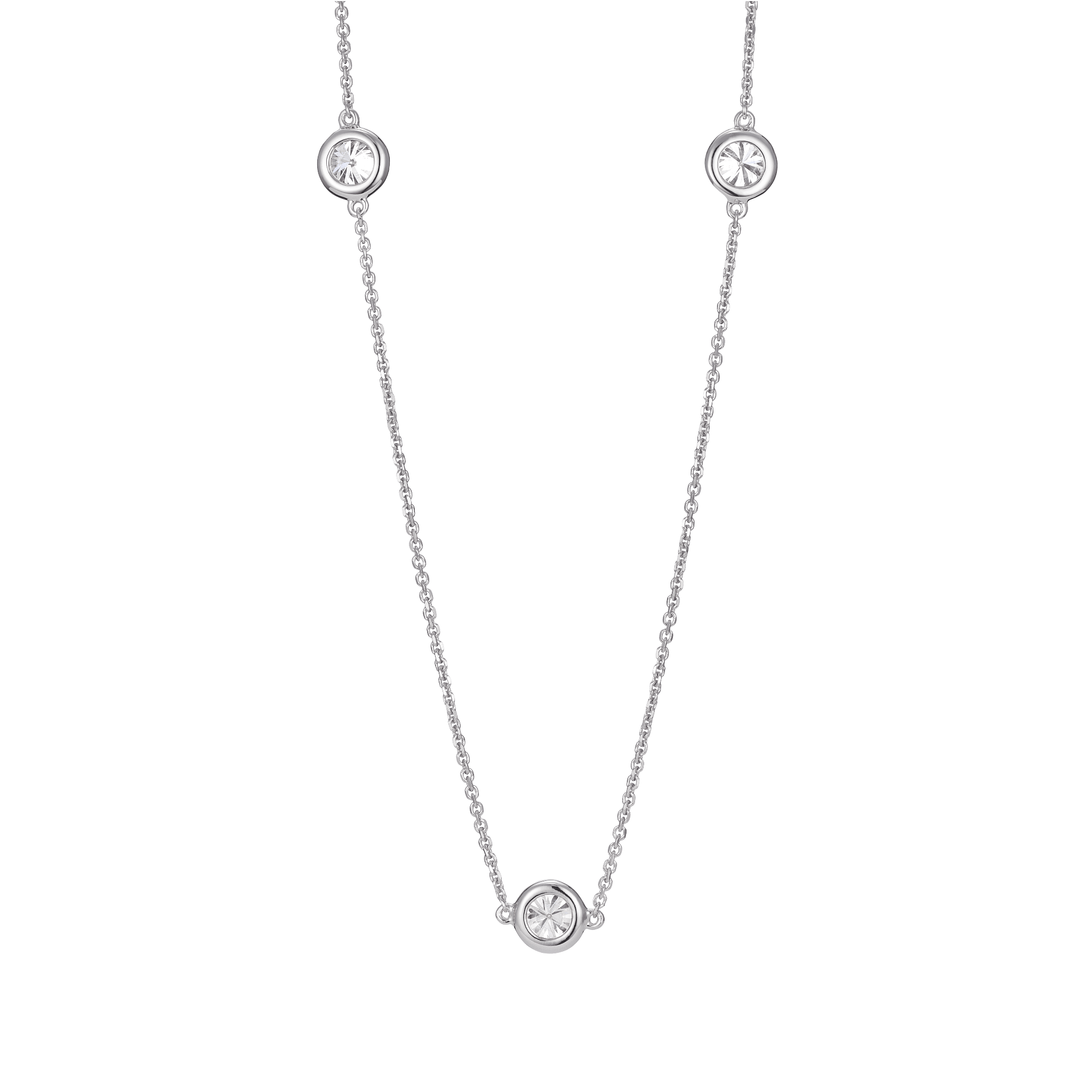 Back view of white gold 0.75 carat total weight bezel station pendant