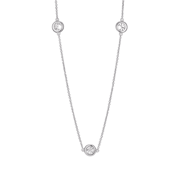 Back view of white gold 0.75 carat total weight bezel station pendant