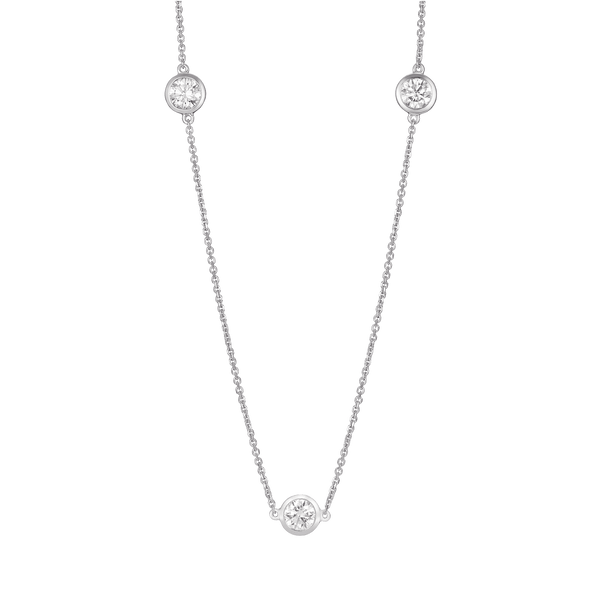 Front view of white gold 0.75 carat total weight bezel station pendant