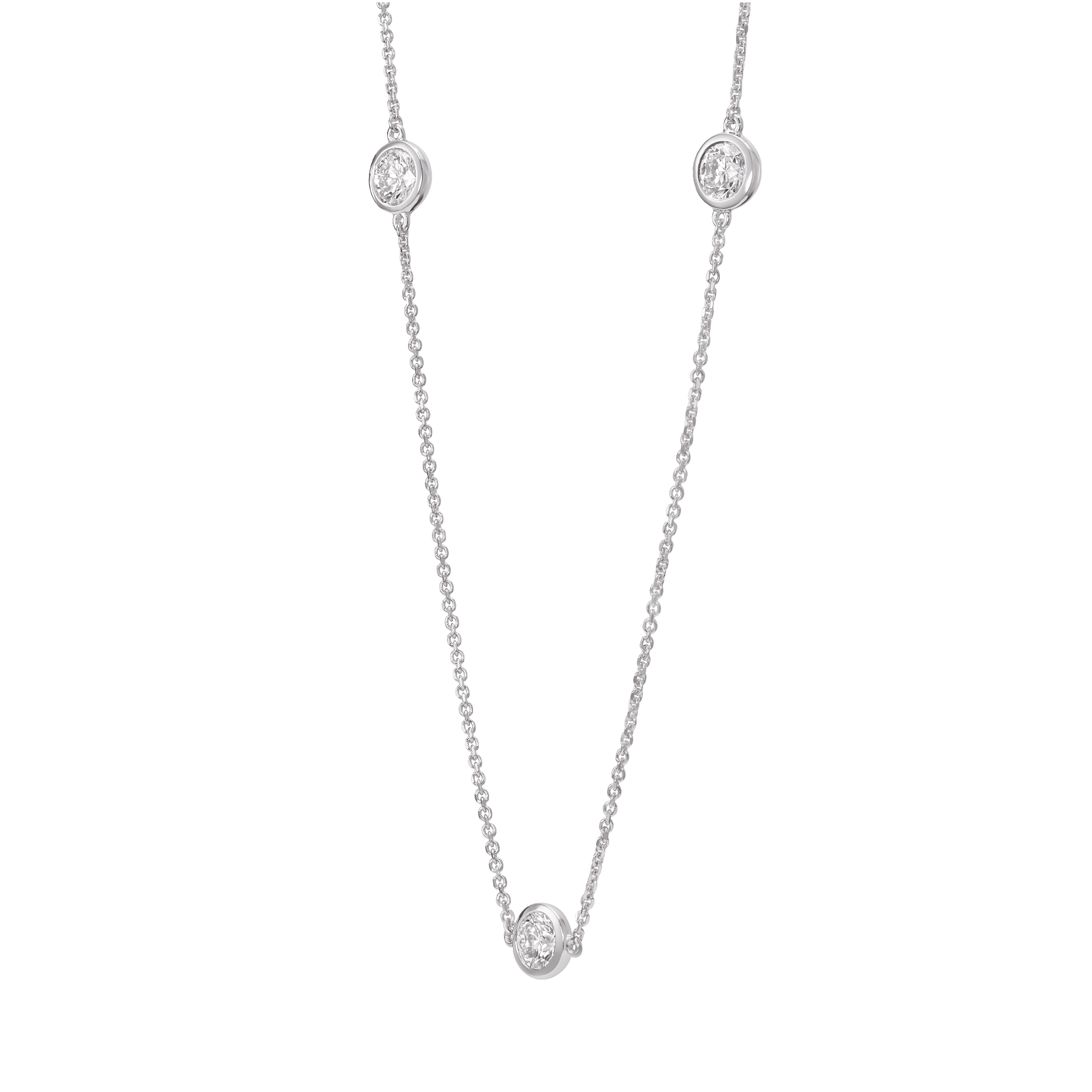 Side view of white gold 0.75 carat total weight bezel station pendant