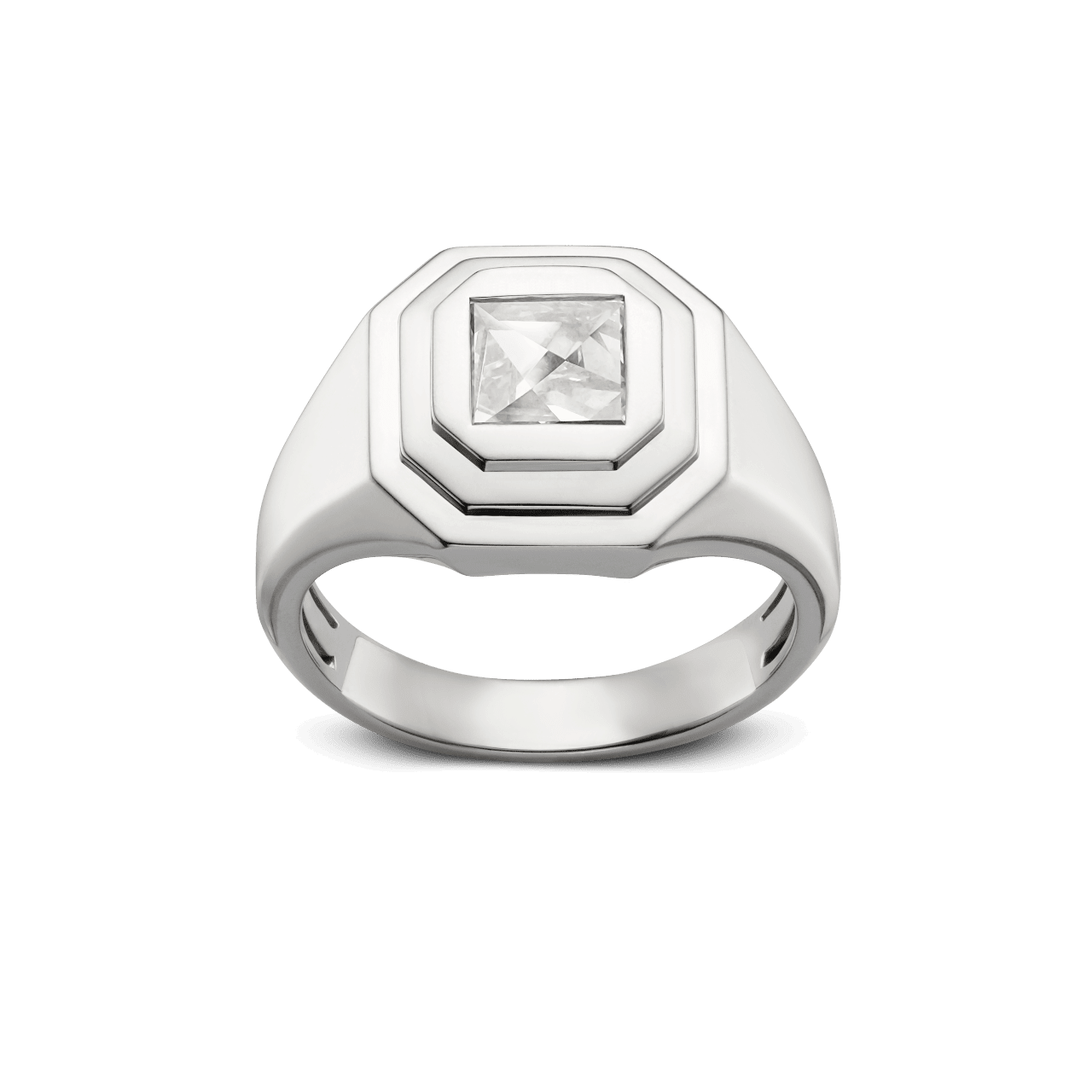 Front, angled view of the Lightbox Cut Collection ring in white gold