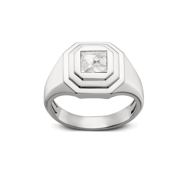 Front, angled view of the Lightbox Cut Collection ring in white gold